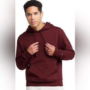 CHAMPION unisex burgundy hoodie with grey inside on hood